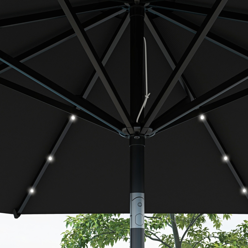 Best Φ2.7m Garden Parasol Solar Outdoor Tilt Sun Umbrella Patio Sun Shade w/ 24 LED Light, Hand Crank and 8 Ribs, Black - Image 9