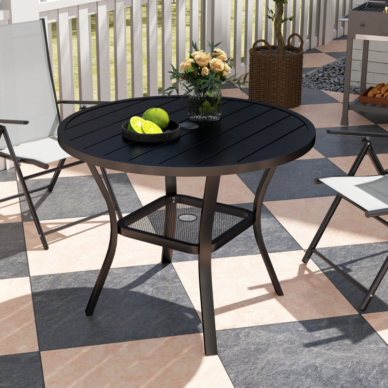Best 90 cm Garden Dining Table with 4-5 cm Parasol Hole, Round Outdoor Dining Table, Steel Garden Table with Slatted Metal Top and Wire Shelf for Balcony, Porch, Black - Image 9