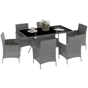 Best 7-Piece Rattan Garden Furniture Set with Cushions, 6 Seater Garden Table and Chairs, Rattan Dining Set with 6 Armchairs, Rectangular Glass Top Table, Charcoal Grey
