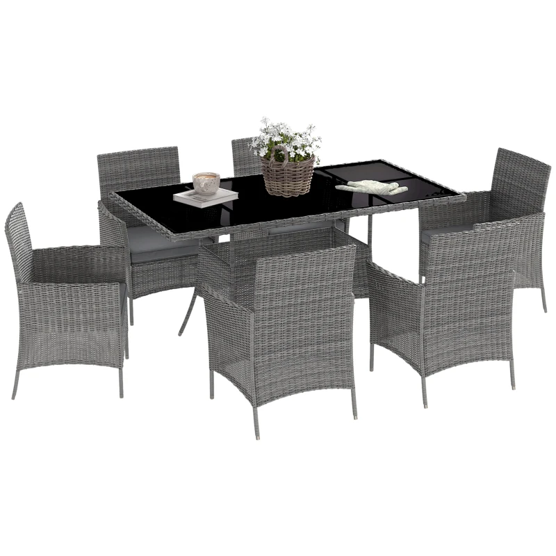 Best 7-Piece Rattan Garden Furniture Set with Cushions, 6 Seater Garden Table and Chairs, Rattan Dining Set with 6 Armchairs, Rectangular Glass Top Table, Charcoal Grey