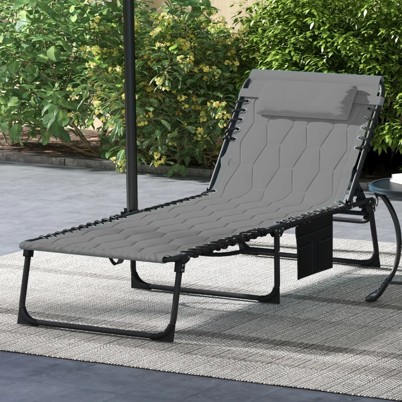 Best Foldable Sun Lounger with 5-level Reclining Back, Outdoor Tanning Chair Sun Lounger with Build-in Padded Seat, Side Pocket, Headrest for Beach, Yard, Patio, Grey - Image 2