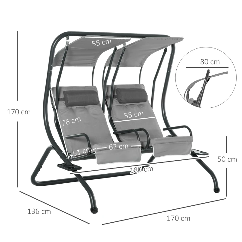 Best Canopy Swing 2 Separate Relax Chairs w/ Handrails and Removable Canopy Grey - Image 3