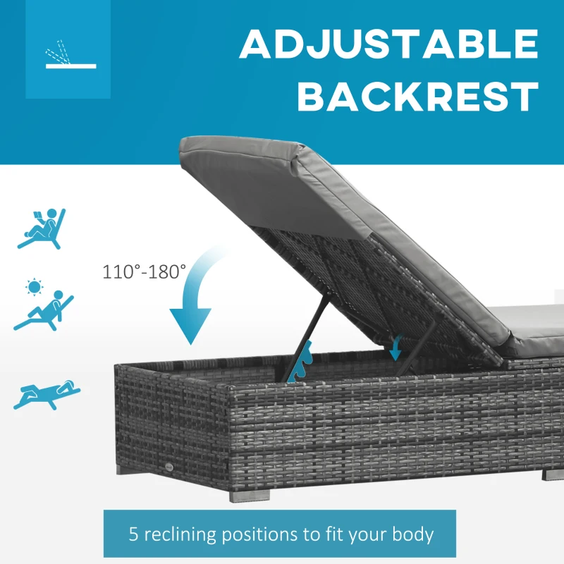 Best PE Rattan Sun Loungers with Cushion, Outdoor Garden Sunbed Furniture with 5-Level Recliner Backrest, and Armrest, Set of 2, Grey - Image 6