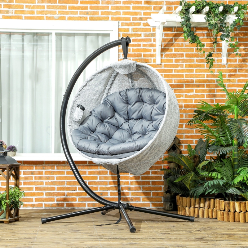 Best Hanging Egg Chair Outdoor Indoor Garden Swing Chair with Folding Basket, Garden Hanging Chair with Stand, Thickened Cushion, Cup Holder for Patio, Balcony, Grey - Image 10