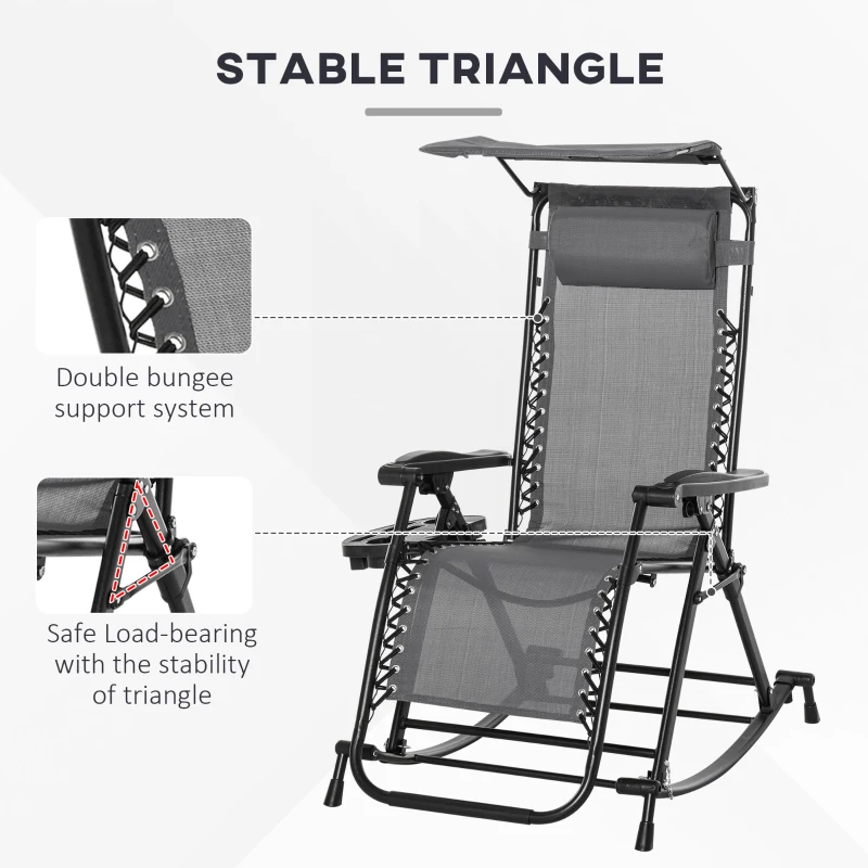 Best Garden Rocking Chair Folding Recliner Outdoor Adjustable Sun Lounger Rocker Zero-Gravity Seat with Headrest Side Holder Patio Deck - Grey - Image 6