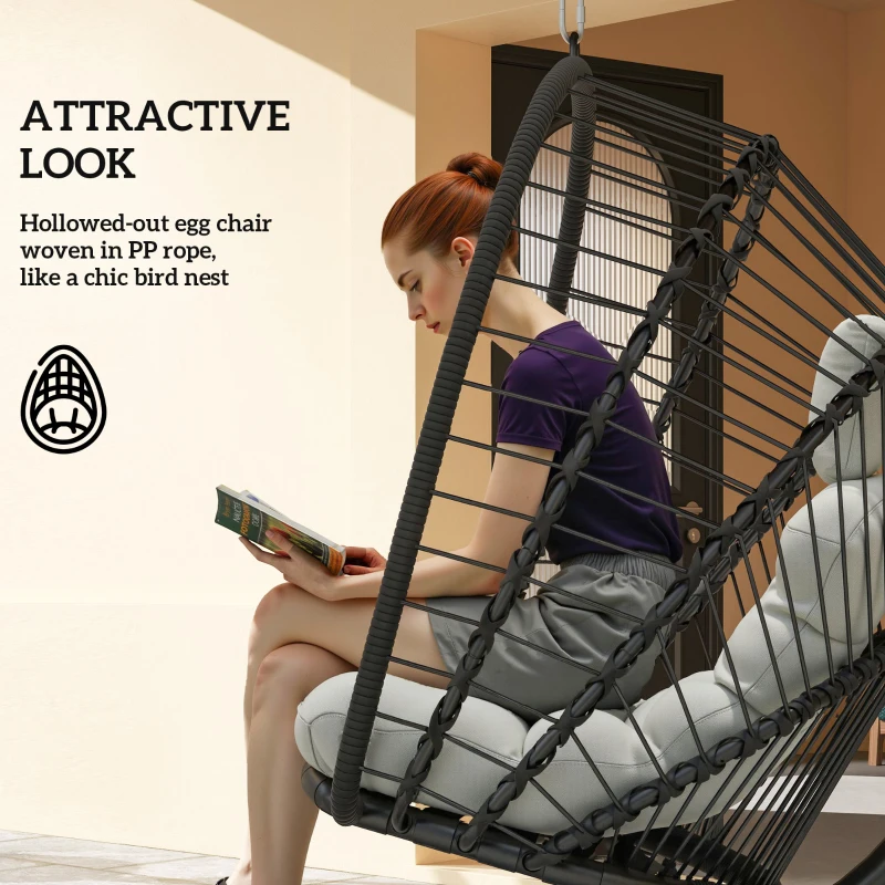 Best Outdoor PE Rattan Swing Chair with Foldable Basket and Cushion, Garden Patio Hanging Egg Chair with Metal Stand, Headrest for Indoor and Outdoor, Black - Image 6