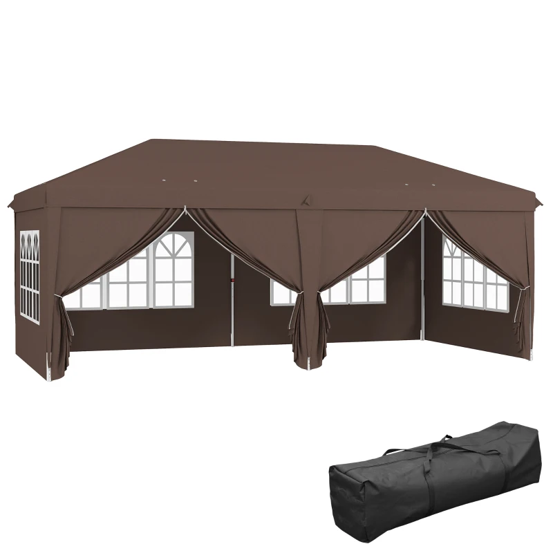 Best 3 x 6 m Pop Up Gazebo with Sides and Windows, Height Adjustable Wedding Camping Party Tent Canopy Marquee with Storage Bag for Garden, Event, Brown