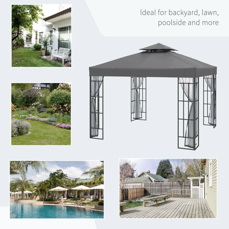 Best 3 x 3(m) Patio Gazebo Canopy Garden Pavilion Tent Shelter with 2 Tier Roof and Mosquito Netting, Steel Frame, Grey - Image 7