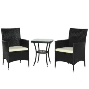 Best 3 Pieces Rattan Bistro Set, Wicker Garden Furniture Set with 2-Tier Coffee Table and Chairs, Cushions, for Outdoor Patio Balcony, Black
