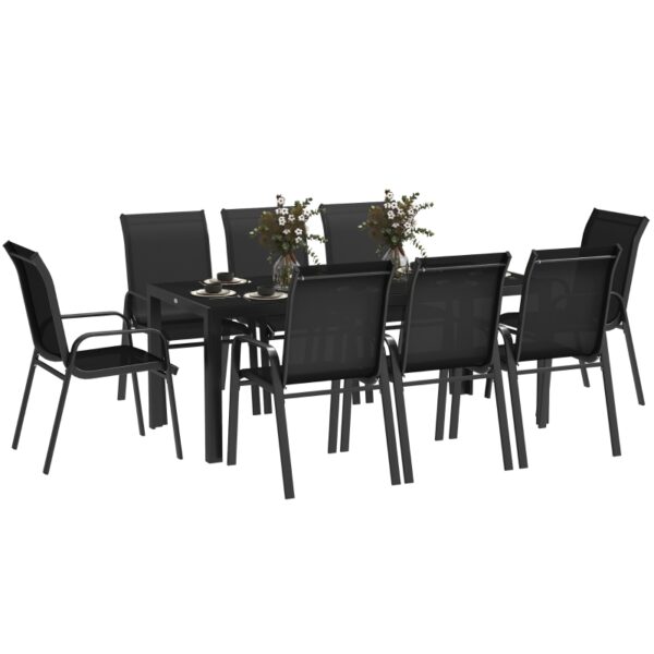 Best 8 Seater Garden Dining Set with Stacking Chairs, Rectangular Tempered Glass Top, Garden Furniture Set, Outdoor Dining Table and Chairs for Patio, Balcony, Poolside, Black