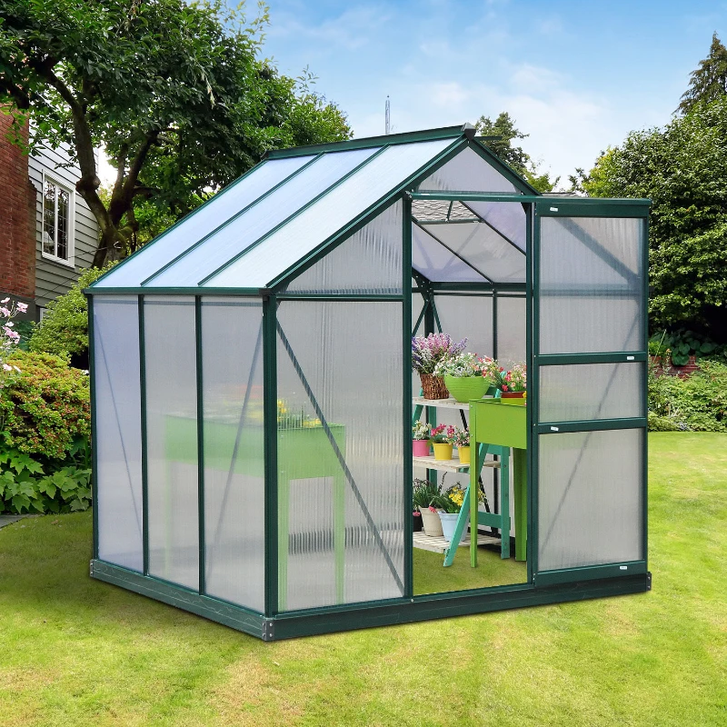Best 6 x 6ft Polycarbonate Greenhouse, Large Walk-In Green House with Slide Door and Window, Garden Plants Grow House with Aluminium Frame and Foundation, Dark Green - Image 2