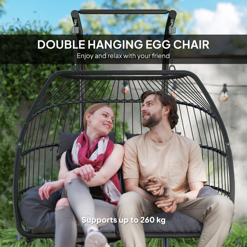 Best Rattan Double Hanging Egg Chair with Stand, Foldable Wicker Swing Egg Chair with Cushion, Head Pillows, Steel Frame, Hammock Chair for Indoor Outdoor, Capacity 260 kg, Dark Grey - Image 4