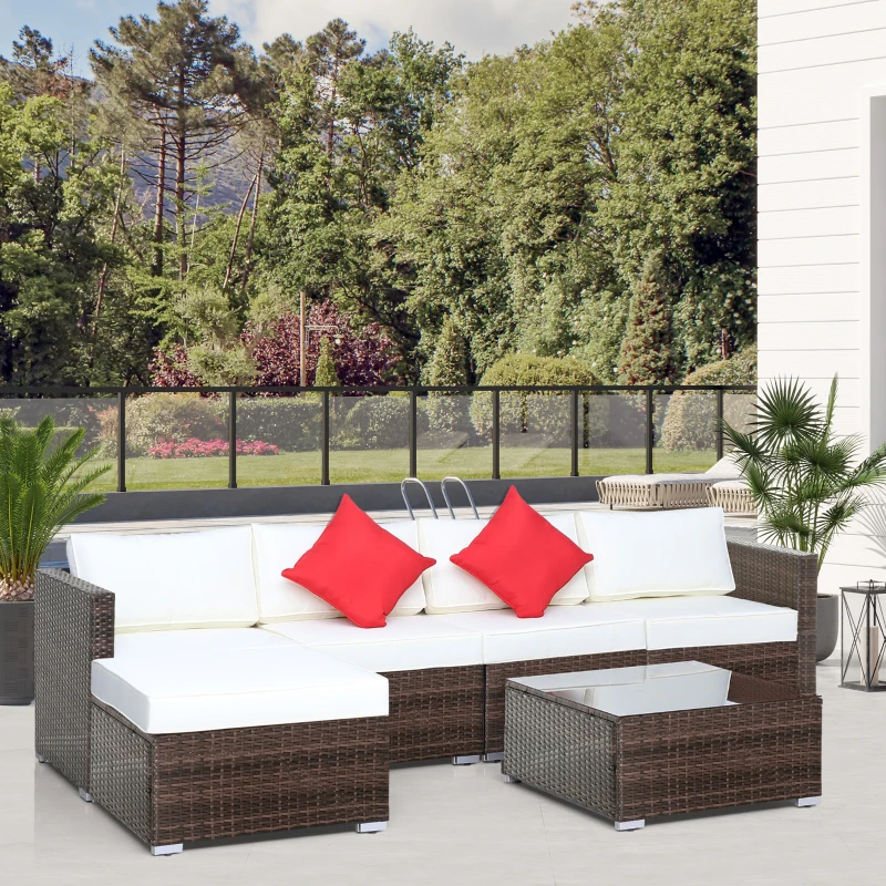 Best 6 Pieces Rattan Garden Furniture Set, 5 Seater Sectional Garden Corner Sofa Set with Glass Top Coffee Table, Cushions and Pillows, All-Weather Wicker Conversation Furniture, Cream White - Image 2