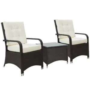 Best 3 Pieces Rattan Bistro Set with Furniture Cover, Wicker Garden Furniture Set, Glass Top Coffee Table and Chairs with Cushions for Outdoor, Patio, Balcony, Cream White