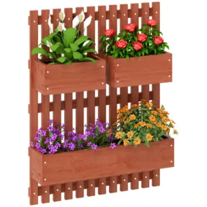 Best Wall-mounted Wooden Garden Planters with Trellis, Drainage Holes and 3 Planter Boxes for Patio, Brown
