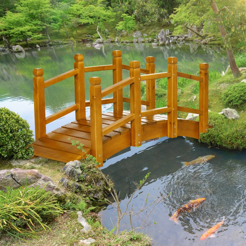 Best Wooden Garden Bridge with Safety Railings, Arc Footbridge for Pond Backyard Stream, Brown - Image 2