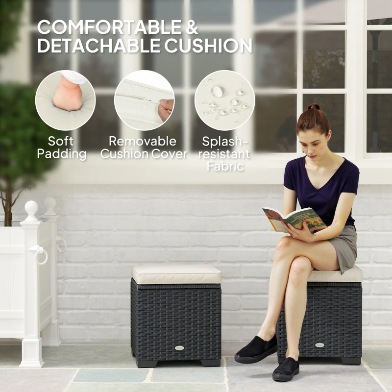 Best Set of 2 Rattan Storage Ottoman, Outdoor Footstool with Removable Cushions, Garden Storage Seat for Balcony, Poolside, Living Room, Cream - Image 5