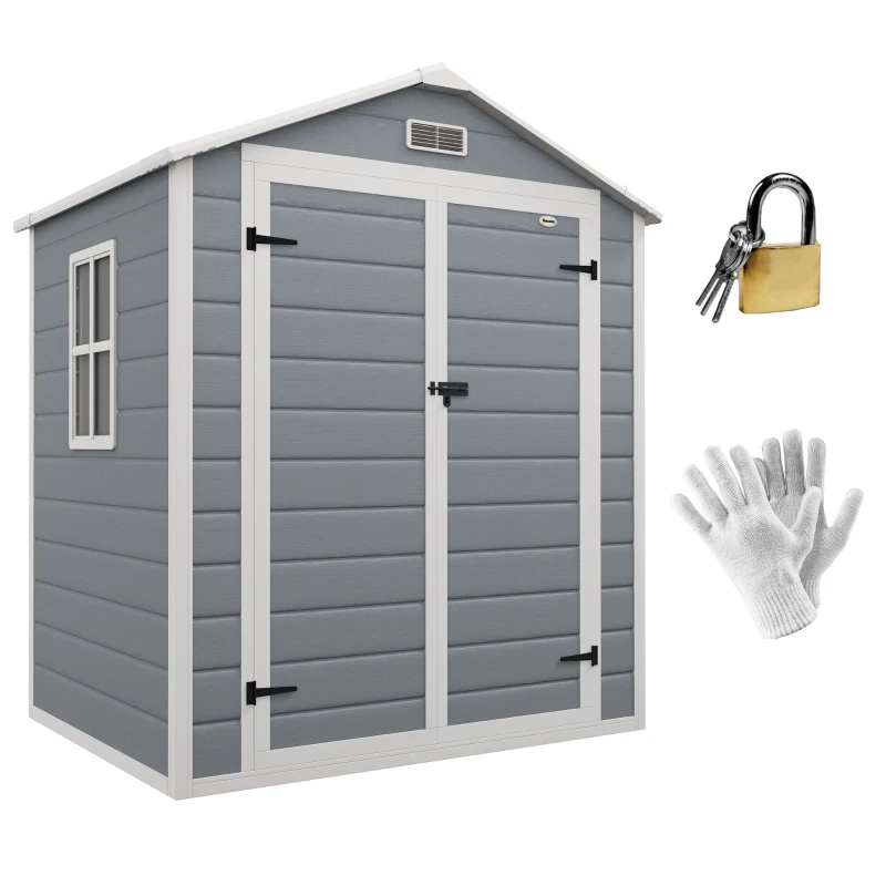 Best 6'x4.5' Garden Storage Shed, Lockable Garden Shed with Double Doors, Window, Vent and Plastic Roof, Grey