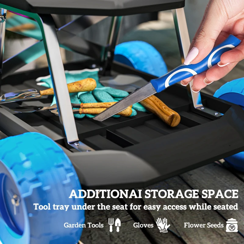 Best Garden Cart with Wheels, Garden Stool Trolley with Tool Tray, Rolling Garden Seat for Weeding, Planting, Blue - Image 5