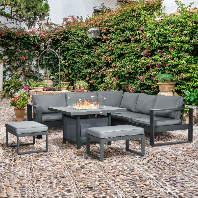 Best 6-Piece Aluminium Garden Furniture Set with Fire Pit Table, Outdoor Dining Sofa Set with Cushions, Loveseats and Footstools, Sectional Corner Conservatory Furniture for Patio, Grey - Image 2