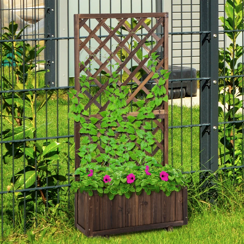 Best 72.5 x 31.5 x 149.5 cm 45L Garden Wooden Pine Trough Planter with Topped Trellis Climbing Plants Flower Raised Bed, Carbonised Finish - Image 2