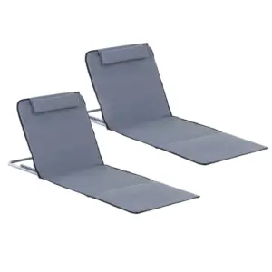 Best Set of 2 Foldable Garden Beach Chair Mat Lightweight Outdoor Sun Lounger Seats Adjustable Back Metal Frame PE Fabric Head Pillow w/ Carry Bag,Grey
