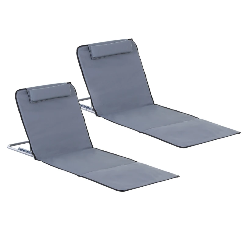 Best Set of 2 Foldable Garden Beach Chair Mat Lightweight Outdoor Sun Lounger Seats Adjustable Back Metal Frame PE Fabric Head Pillow w/ Carry Bag,Grey