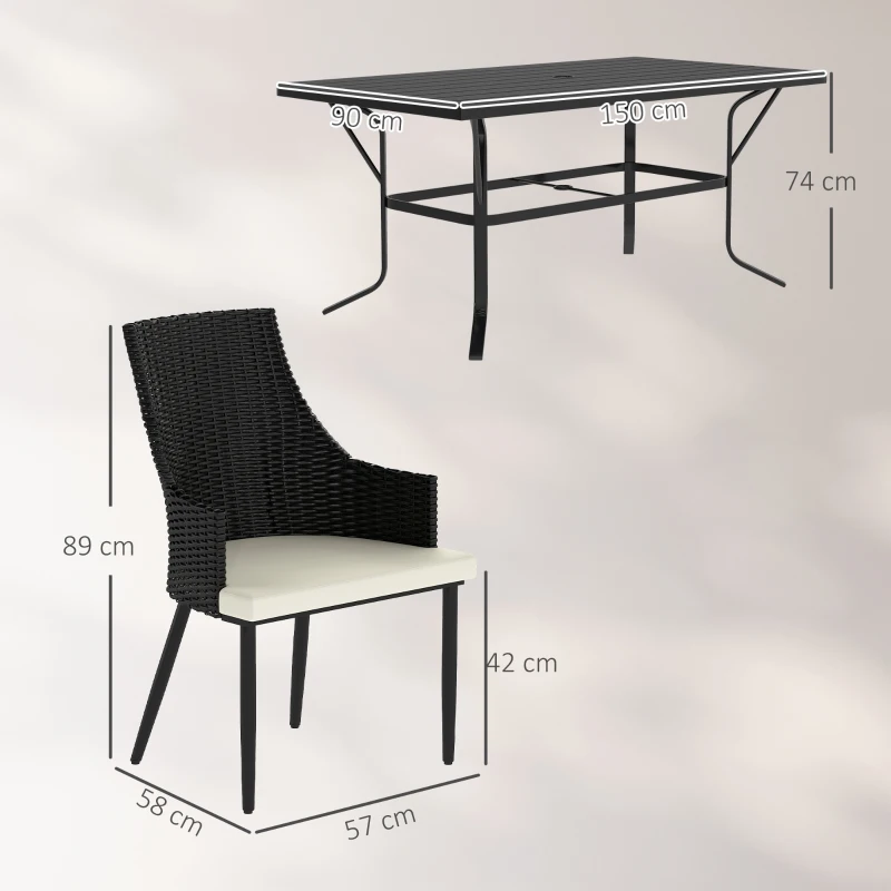 Best 6 Seater Rattan Dining Set with Cushions, Garden Furniture Set with Armchairs, Rectangle Slatted Table Top, Steel Frame, Parasol Hole, Wicker Outdoor Furniture for Patio, Balcony, Cream White - Image 3