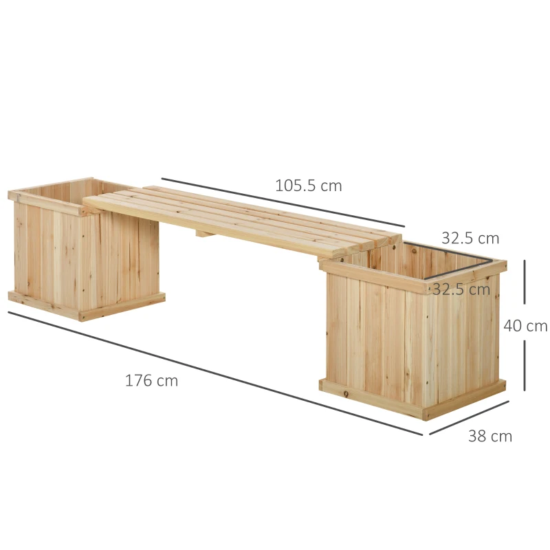 Best 37L Wooden Garden Planter & Bench Combination Garden Raised Bed Patio Park Natural 176 x 38 x 40 cm - Image 3
