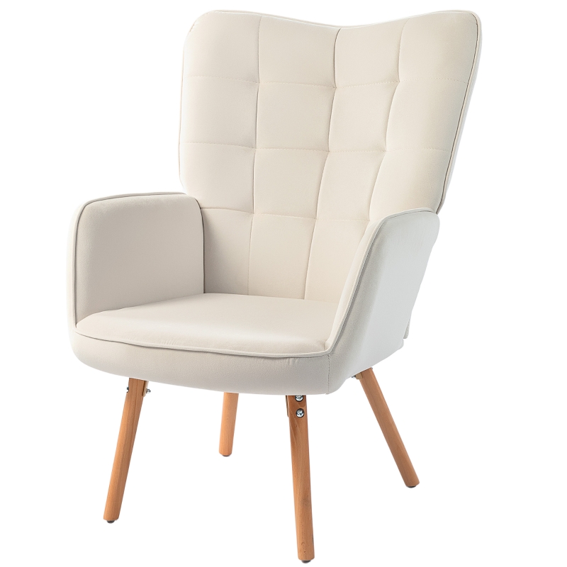 Best Modern Accent Chair, Upholstered Tufted Wingback Armchair with Seat Padding, Velvet Leisure Lounge Bedroom Chair with Wood Legs, Cream White - Image 9