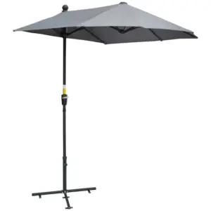 Best 2m Half Parasol Market Umbrella Garden Balcony Parasol with Crank Handle, Base, Double-Sided Canopy, Dark Grey