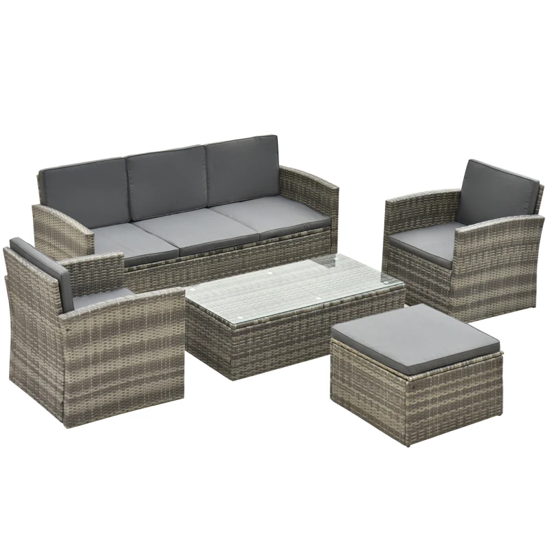Best Rattan Garden Furniture Outdoor Patio 5 Piece Wicker Weave Sofa Set with Storage, Cushioned, 3-Seater Sofa + 2 Single Chairs + Foot Stool + Coffee Table