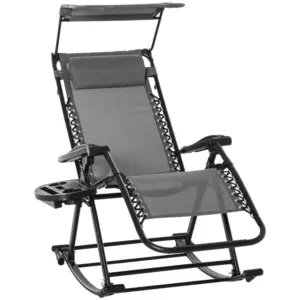 Best Garden Rocking Chair Folding Recliner Outdoor Adjustable Sun Lounger Rocker Zero-Gravity Seat with Headrest Side Holder Patio Deck - Grey