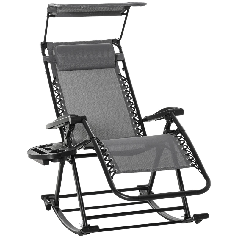 Best Garden Rocking Chair Folding Recliner Outdoor Adjustable Sun Lounger Rocker Zero-Gravity Seat with Headrest Side Holder Patio Deck - Grey