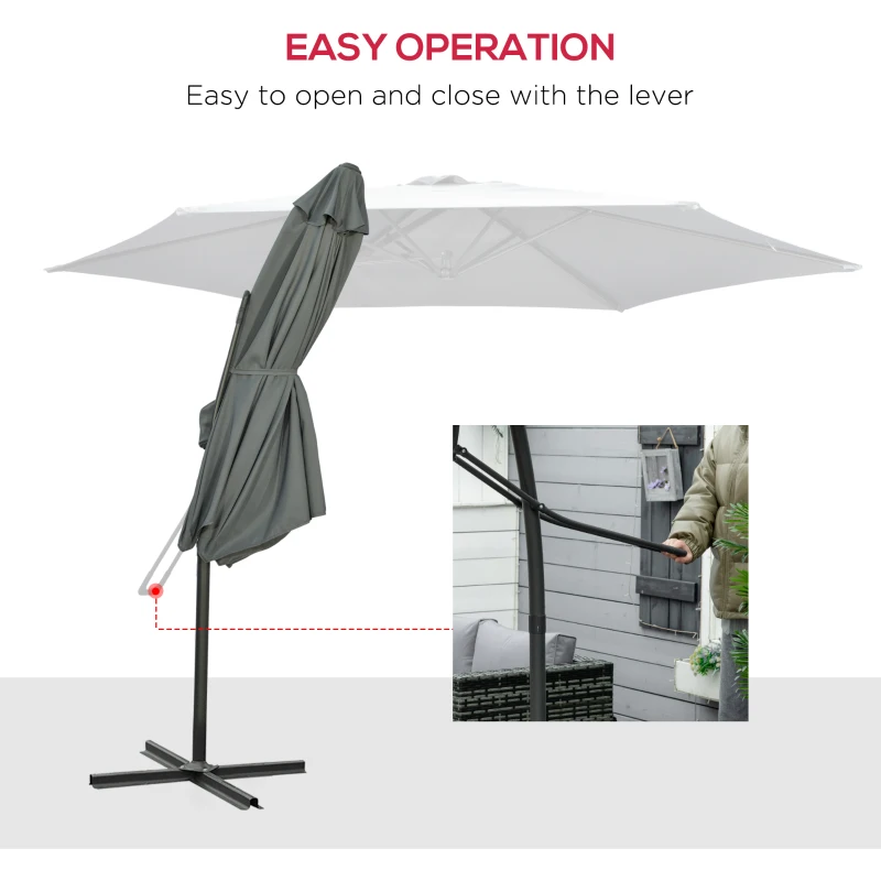 Best 3m Cantilever Parasol with Easy Lever, Patio Umbrella with Crank Handle, Cross Base and 6 Metal Ribs, Outdoor Sun Shades for Garden, Grey - Image 4
