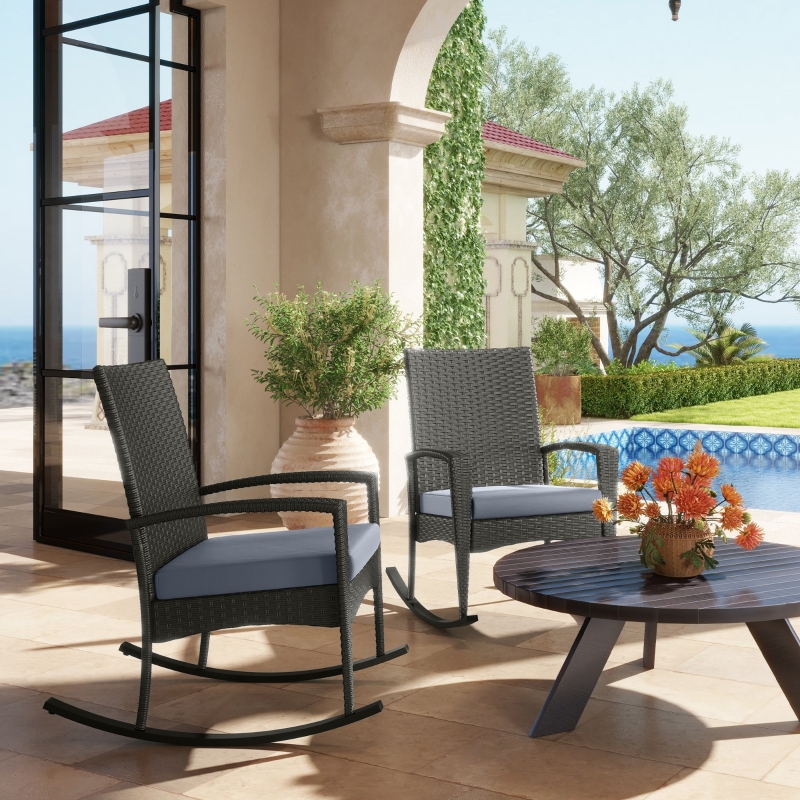 Best Outdoor PE Rattan Rocking Chair Set of 2, Garden Rocking Chair Set with Armrest and Cushion, Grey - Image 10