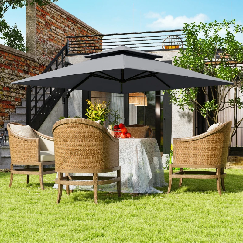 Best 3 x 3(m) Cantilever Parasol with Aluminium Frame, Crank and Tilt, 360° Rotation, Double Top Garden Umbrella with Base and Cover, Light Grey - Image 2