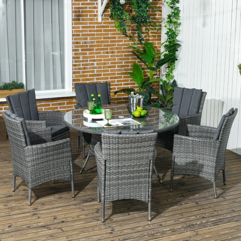 Best Seven-Piece Rattan Dining Table, with Round Glass-Top Table - Mixed Grey - Image 2