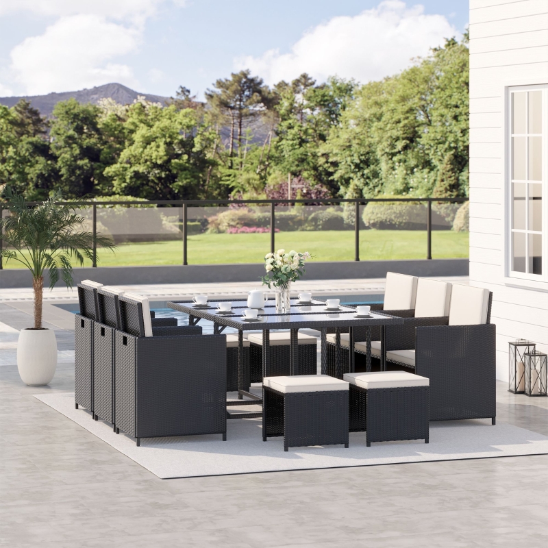 Best Rattan Dining Set Garden Furniture Patio set 11 PC with Cushion Black /Milk White - Image 11