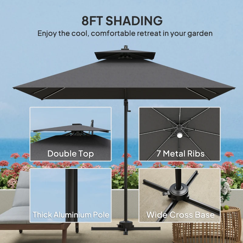 Best 2.5m Cantilever Parasol with Solar Powered LED Lights, 360° Rotation, Tilt Adjustment, Crank Handle, Dark Grey - Image 7