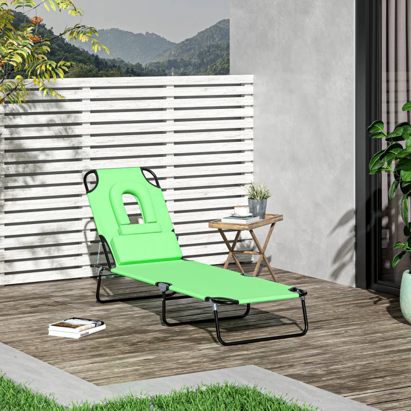 Best Outdoor Folding Sun Lounger with Face Hole, 4 Level Adjustable Backrest Reclining Garden Lounger, Garden Recliner Sunbed with 600 D Oxford Cloth Seat and Pillow for Beach, Green - Image 2
