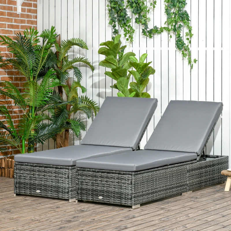 Best PE Rattan Sun Loungers set of 2 with Cushion, Outdoor 2 Pieces Garden Sunbed Furniture with 5-Level Recliner Backrest, Reclining Patio Wicker Bed Chair, Grey - Image 2