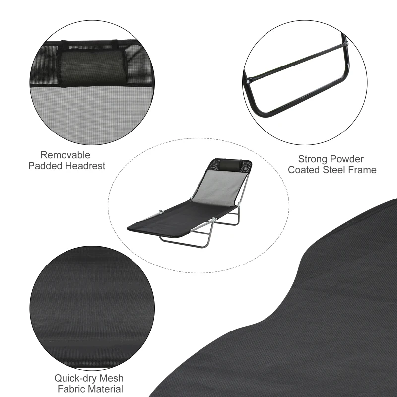 Best Outdoor Foldable Sun Lounger, Adjustable Backrest Garden Recliner Sun Lounger Chair with Headrest Pillow, Black - Image 7