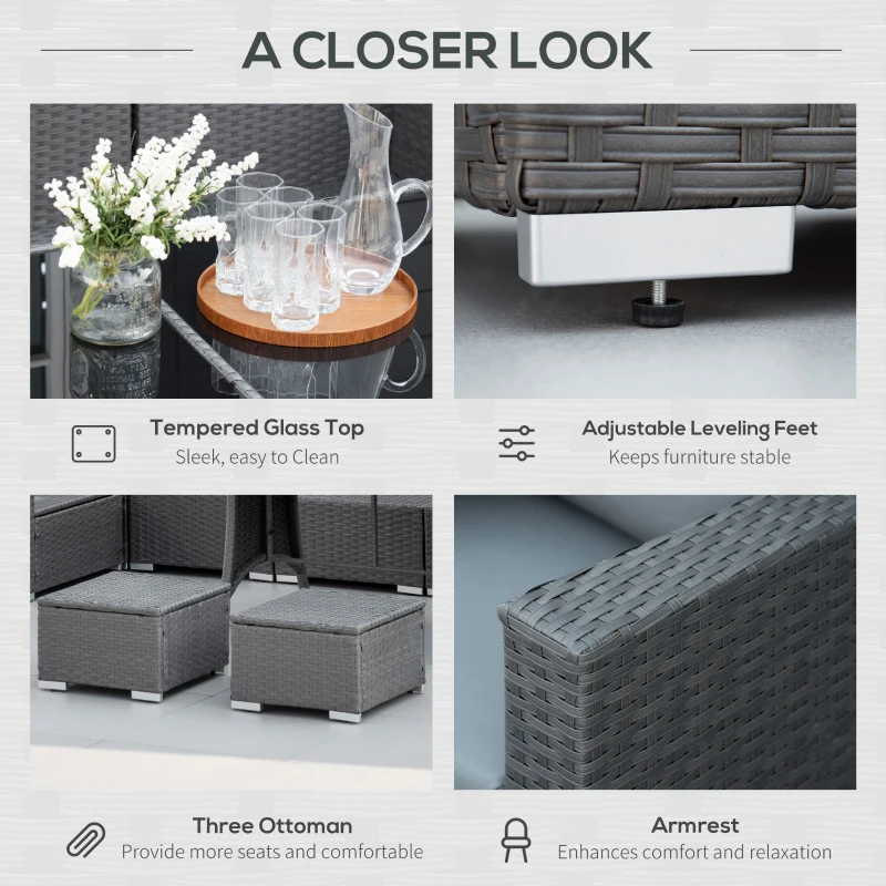 Best 9-Seater Garden Rattan Furniture 10 Pcs Rattan Corner Dining Sofa Set, Grey/Dusty Blue Cushion - Image 6