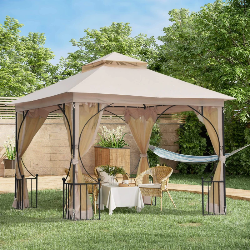 Best 3 x 3(m) Garden Gazebo Patio Party Tent Shelter Outdoor Canopy Double Tier Sun Shade Metal Frame Netting, Beige - Image 2