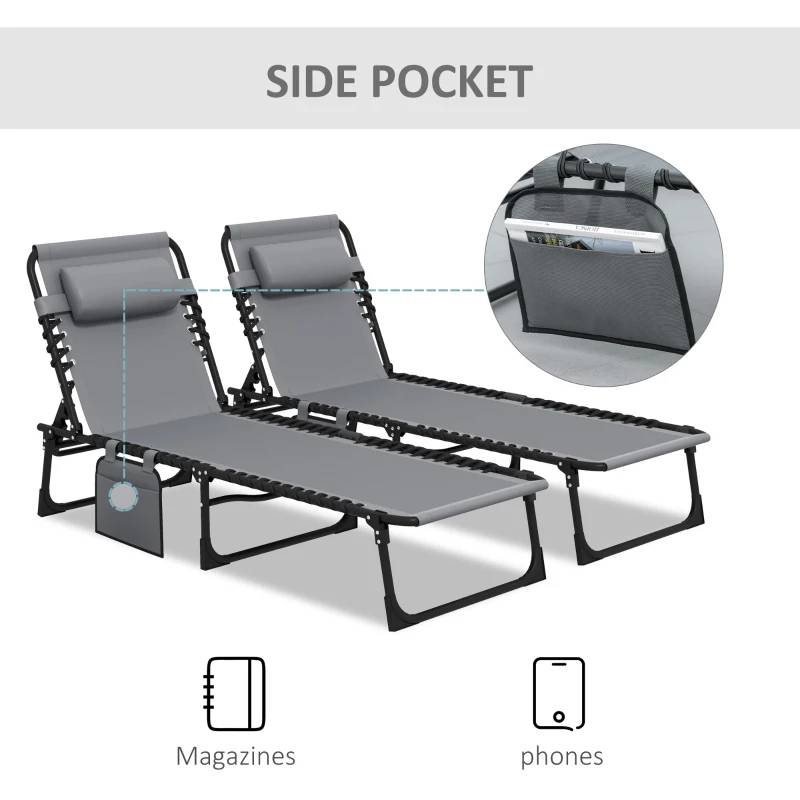 Best Portable Sun Lounger Set of 2, Folding Camping Bed Cot, Reclining Lounge Chair 5-position Adjustable Backrest with Side Pocket, Pillow for Patio Garden Beach Pool, Grey - Image 7