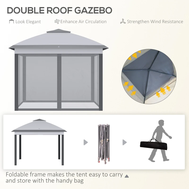 Best 3.3 x 3.3m Pop Up Gazebo, Double Roof Foldable Canopy Tent with Zipped Mesh Sidewalls, Height Adjustable and Carrying Bag, Event Tent for Patio Garden, Grey - Image 4