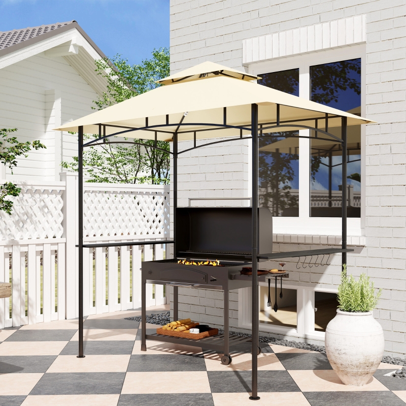 Best 8' x 5' Grill Gazebo, Double Tiered BBQ Gazebo Shelter Canopy with LED Lights, 2 Side Shelves, Hooks, Beige - Image 10