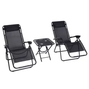 Best Folding Zero Gravity Chairs, 3 Pieces Adjustable Sun Lounger and Table Set with Cup Holder and Headrest, Patio Bistro Set with Reclining Garden Chairs for Outdoor, Black