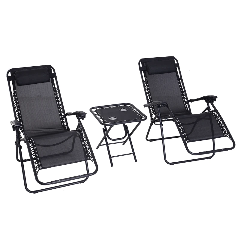 Best Folding Zero Gravity Chairs, 3 Pieces Adjustable Sun Lounger and Table Set with Cup Holder and Headrest, Patio Bistro Set with Reclining Garden Chairs for Outdoor, Black